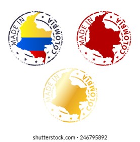 Round Made in Colombia stamp, emblem, badge, label with a national flag shape, isolated on white