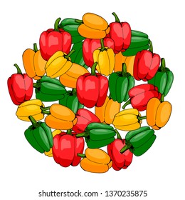 Round made of colored peppers on white background. Isolated peppers for your design. 