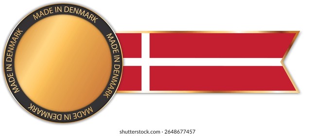 round MADE IN DENMARK gold colored banner with ribbon banner with Denmark flag