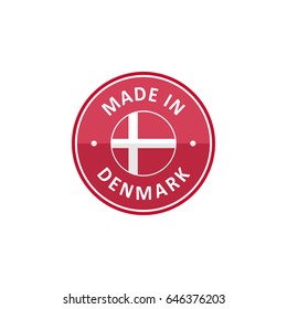 Round "Made in Denmark" label with Danish flag