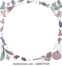 Round made of different christmas winter decor. For holiday design.