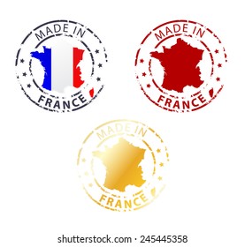 Round Made in France stamp, emblem, badge, label with a national flag shape, isolated on white