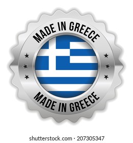 Round made in greece badge with chrome border on white background