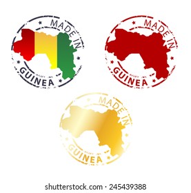 Round Made in Guinea stamp, emblem, badge, label with a national flag shape, isolated on white