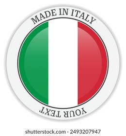 Round "Made in Italy" badge with flag of Italy. Vector badge with shadow underneath. Icon isolated on white background