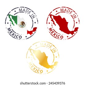 Round Made in Mexico stamp, emblem, badge, label with a national flag shape, isolated on white