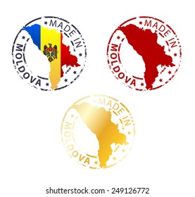 Round Made in Moldova stamp, emblem, badge, label with a national flag shape.