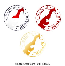 Round Made in Monaco stamp, emblem, badge, label with a national flag shape.
