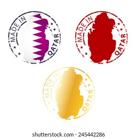 Round Made in Qatar stamp, emblem, badge, label with a national flag shape.