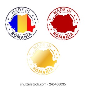 Round Made in Romania stamp, emblem, badge, label with a national flag shape.
