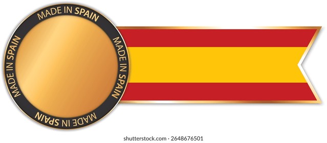 round MADE IN SPAIN gold colored banner with ribbon banner with Spain flag