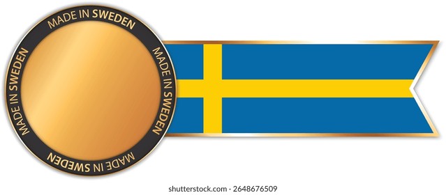 round MADE IN SWEDEN gold colored banner with ribbon banner with Sweden flag