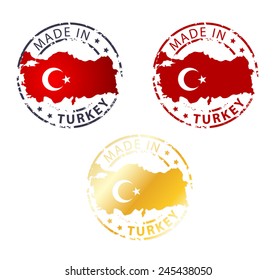 Round Made in Turkey stamp, emblem, badge, label with a national flag shape.