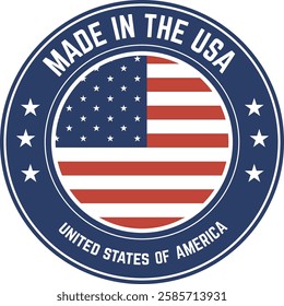 Round made in the USA label featuring the american flag and stars, ideal for evoking patriotism and national pride on products and branding materials