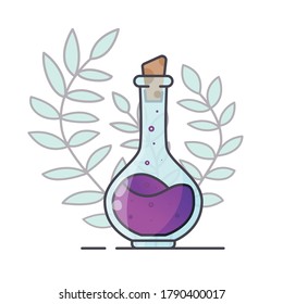 Round magic bottle with a high neck. Bottle or flask for liquids and elixirs. Vector icon with foliage in the background. Isolated.