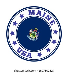 Round Maine sign with flag. Vector illustration of the US state logo.