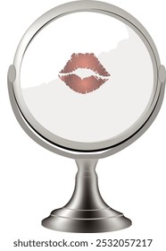 Round makeup mirror is reflecting a kiss mark on a white background