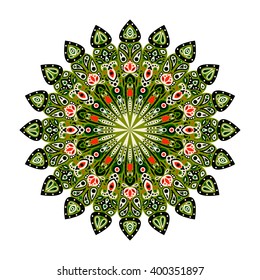 Round mandala. Arabic, Indian, Islamic, Ottoman ornament. Red and green floral pattern, motif isolated on white background. Vector illustration.