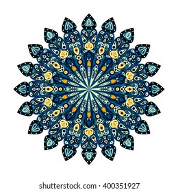 Round mandala. Arabic, Indian, Islamic, Ottoman ornament. Green, blue and red floral pattern, motif isolated on white background. Vector illustration.