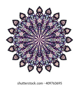 Round mandala. Arabic, Indian, Islamic, Ottoman ornament. Purple and blue floral pattern, motif isolated on white background. Vector illustration.
