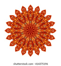 Round mandala. Arabic, Indian, Islamic, Ottoman ornament. Red and orange floral pattern, motif isolated on white background. Vector illustration.