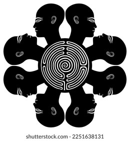Round mandala with bald heads of ancient Egyptian men and a round spiral maze or labyrinth symbol inside. Black and white silhouette.