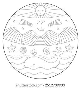 Round mandala in black outline for coloring. Starry night scene with a whale in the ocean and mountains in the background.