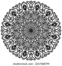 Round mandala. Black and white oriental pattern. Ethnic motif. Coloring. Tattoo template, henna ornament. Psychedelic vector.