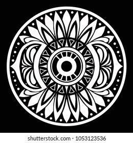 The round mandala is black and white. For yoga, meditation.