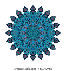 Round mandala. Blue floral pattern, Arabic, Indian, Islamic, Ottoman ornament, Ramadan Kareem motif isolated on white background. Vector illustration for greeting cards, banners, invitations etc.