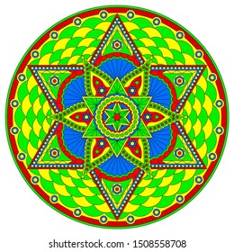 Round mandala with bright abstract pattern and six-pointed star. Vector design.