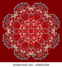 Round Mandala. For Coloring Book, Greeting Card, Invitation, Tattoo. Anti-Stress Therapy Pattern. Vector Illustration. Silver, red color.