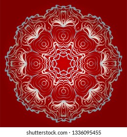 Round Mandala. For Coloring Book, Greeting Card, Invitation, Tattoo. Anti-Stress Therapy Pattern. Vector Illustration. Silver, red color.