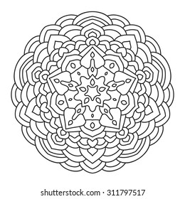 Round mandala for coloring. Ethnic symmetric pattern for the design is drawn with a thin black line on a white background.