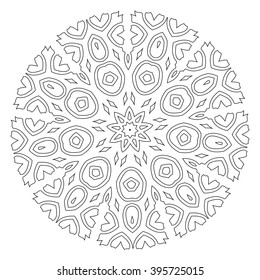 Round mandala design for adult coloring book. Black and white vector illustration 