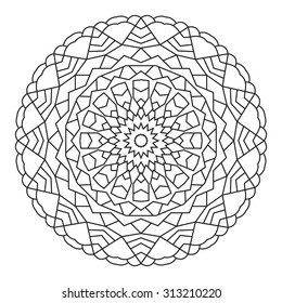Round mandala drawn with black lines.  Vector symmetrical ornament.