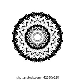 Round mandala drawn with black lines on a white background.  Vector symmetrical ornament.