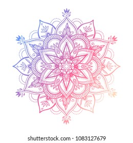 Round mandala in dreamy gradient. Vector hipster design on white isolated background. Mandala with floral patterns. Yoga template