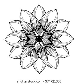 Round mandala element for coloring book in vector. Black and white floral pattern. 