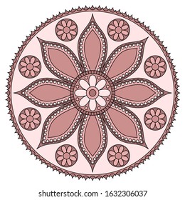 Round mandala with floral pattern in dusty rose colors. Vector drawing.