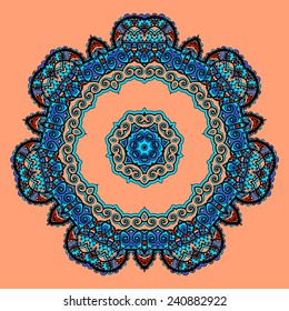 Round Mandala. Flower like Ornament Pattern. Vintage decorative elements. Hand drawn wallpaper. Islam, Arabic, Indian, Ottoman, Asian motifs on orange background