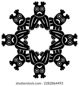 Round mandala or frame with stylized owls. Ethnic ancient Siberian design. Permian animal style. Black and white silhouette.
