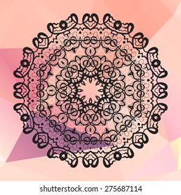 Round mandala. Geometric circle element made in vector. Perfect  cards for any other kind of design, birthday and other holiday, kaleidoscope,  medallion, yoga, india, arabic design on pink wallpaper