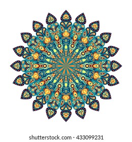 Round mandala. Green floral pattern, Arabic, Indian, Islamic, Ottoman ornament, Ramadan Kareem motif isolated on white background. Vector illustration for greeting cards, banners, invitations etc.
