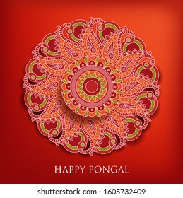 Round mandala. Greeting card with rangoli for traditional Indian harvest festival Pongal. Makar Sankranti background. Vector illustration.