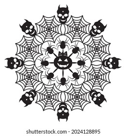 Round Mandala Halloween black template, isolated illustration on white