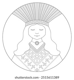 Round mandala of Indigenous woman in black outline for coloring, featuring symmetric geometric shapes and decorative elements