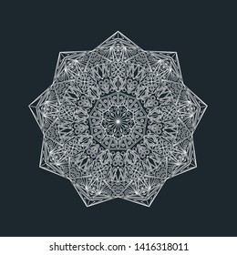 Round mandala isolated on dark background. Vector boho mandala in white. Mandala Yoga template