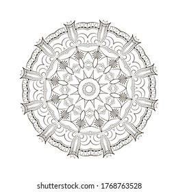 Round mandala isolated on white background. Design Coloring book page antistress. Vector illustration mandala for mehndi,tattoo, decor, henna, postcard, cover. Yoga template.