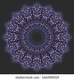 Mandala redonda hecha de puntos de diferente color, tamaño y forma. Ilustración del vector en fondo oscuro